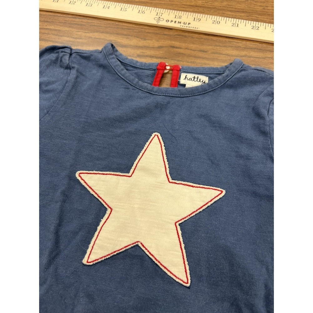 7 Hatley Girls top Star Blue White Stripes Sleeve - Picture 2 of 6
